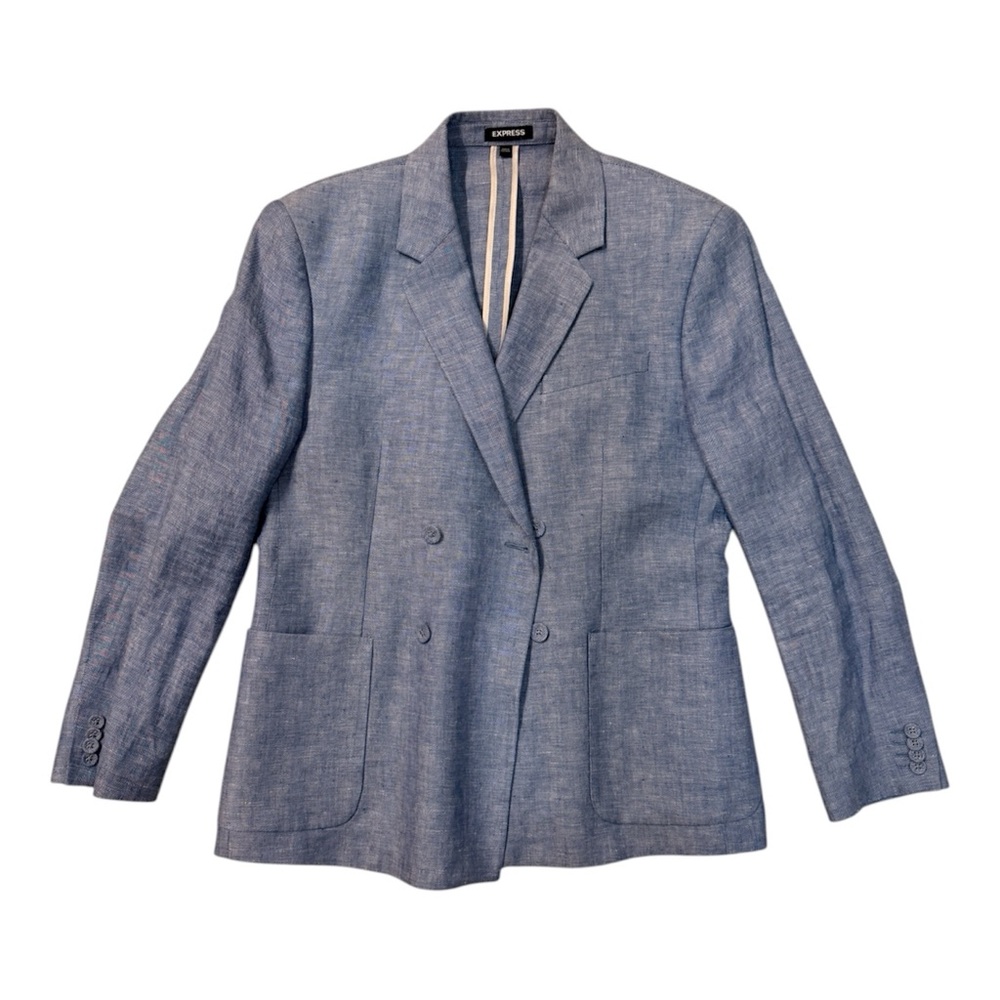 Express Blue Herringbone Linen Double-Breasted Blazer Suit Jacket